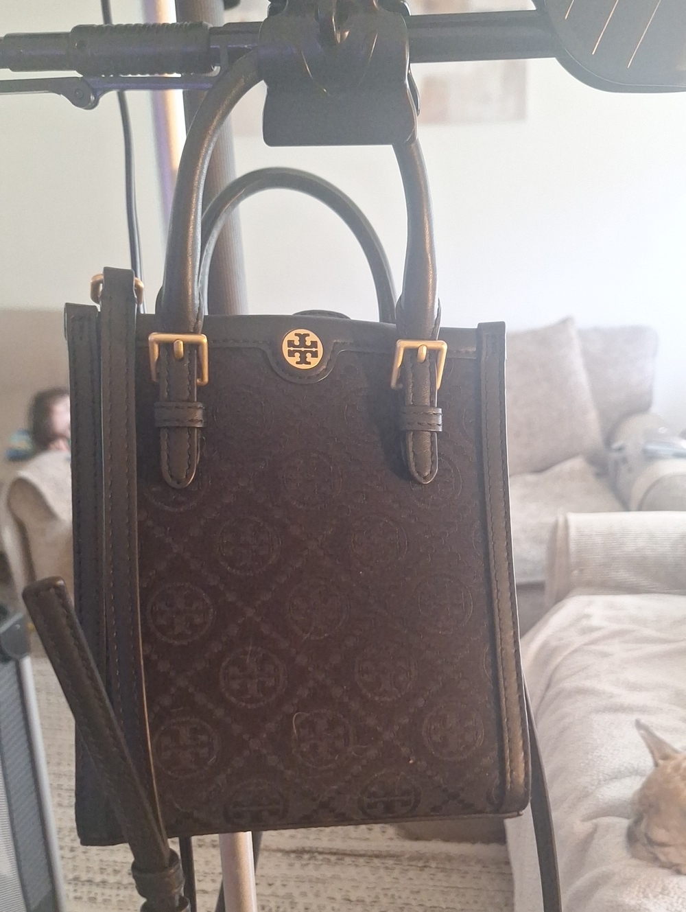 Tory Burch Black Patterned Mini Tote with Gold Hardware
